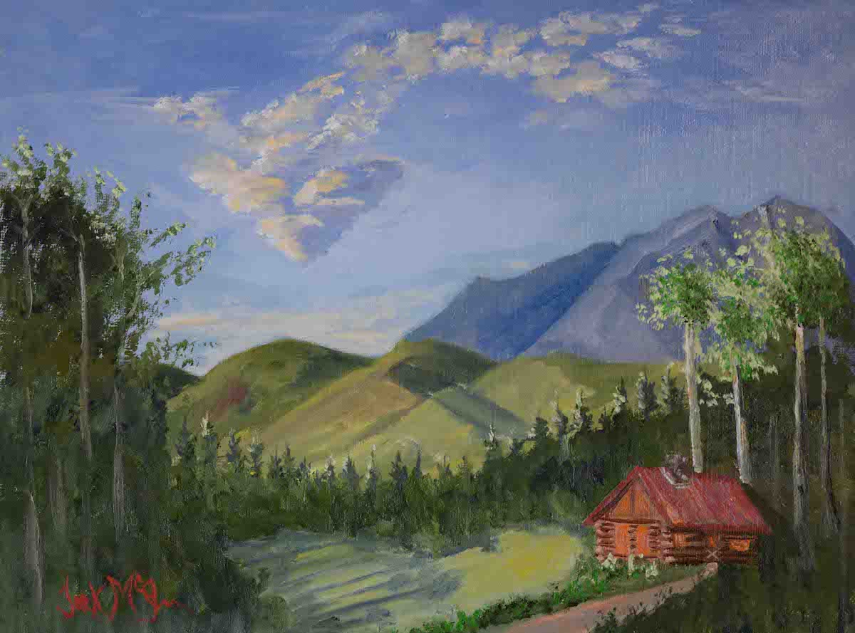 Mountain painting with red cabin