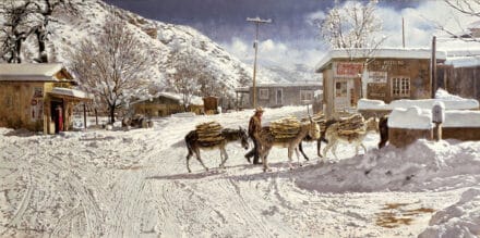 Hulings painting of donkeys working in the snow Chimayo, New Mexico