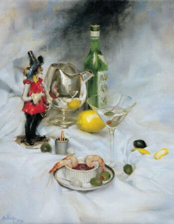 A still life from a party: martini, olives, lemon, vermouth, a Venetian statue, and shrimp cocktail