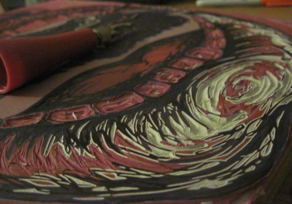 Bethany Taylor linocut for band poster