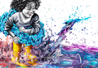 A little girl in a tutu jumps into a colorful puddle
