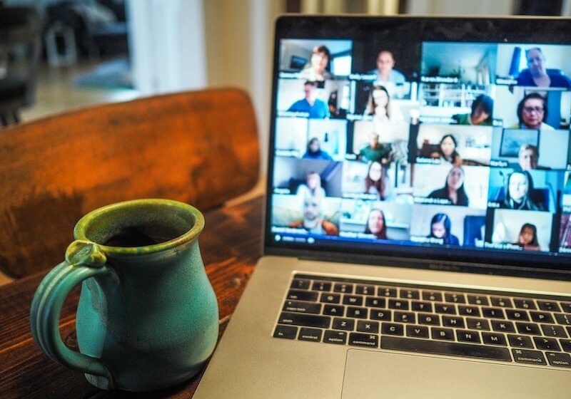 Networking on a video call from an artist’s home office