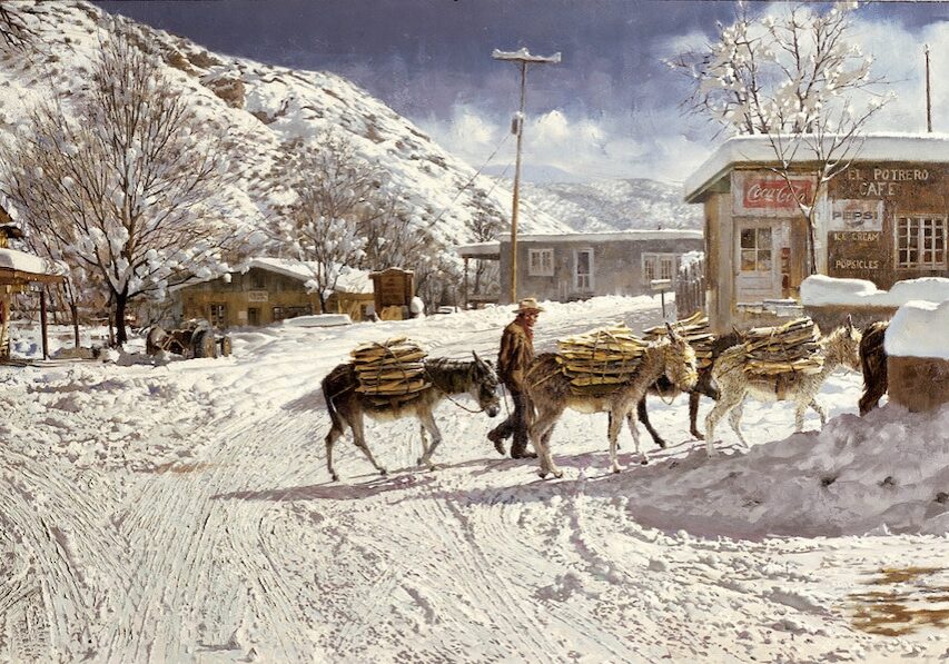 Hulings painting of donkeys working in the snow Chimayo, New Mexico